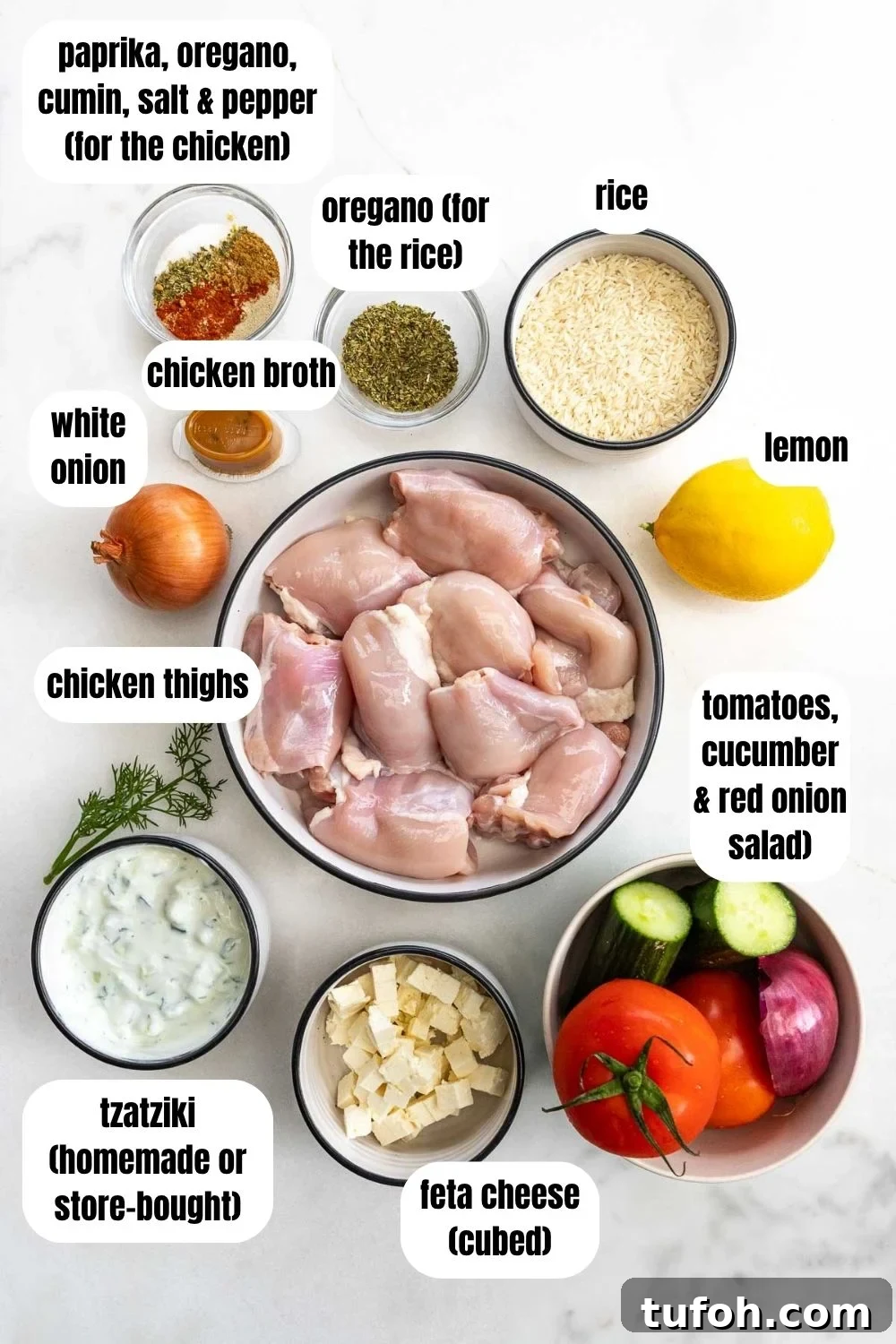 All the labelled ingredients, including chicken thighs, rice, a lemon, a seasoning blend, oregano, a white onion, chicken broth, tzatziki, a tomato and cucumber salad, and feta cheese.