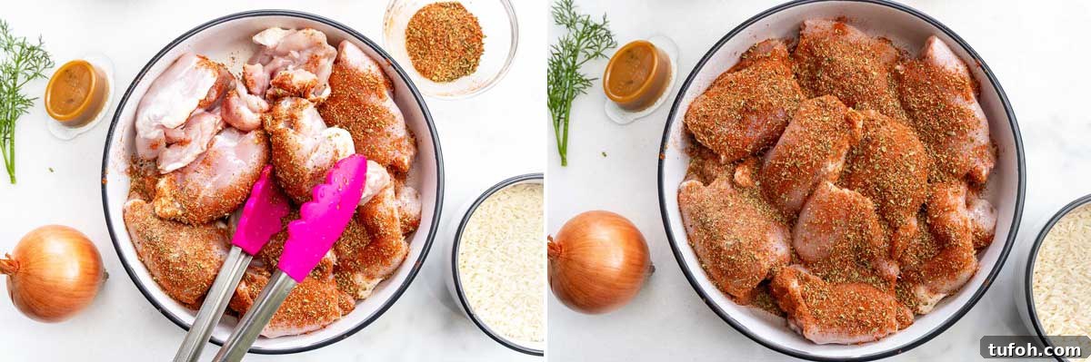 A collage showing pink tongs turning chicken thighs so they're covered in seasoning, and then with the chicken thighs completely covered in the seasoning.