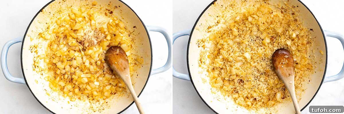 Collage of two images showing chopped onions sauteed in a large pan with a wooden spoon, and then with rice stirred in.