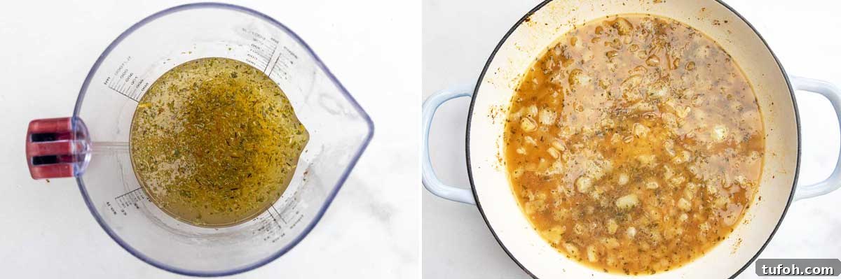 Collage showing chicken broth, lemon juice and oregano in a jug, and then poured into a cast iron pan of onions and rice.