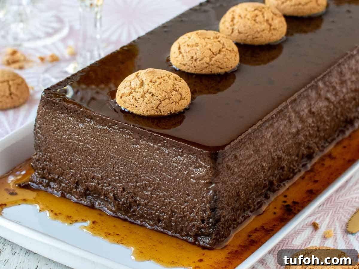 Close up of oblong chocolate dessert with amaretti cookies on top.