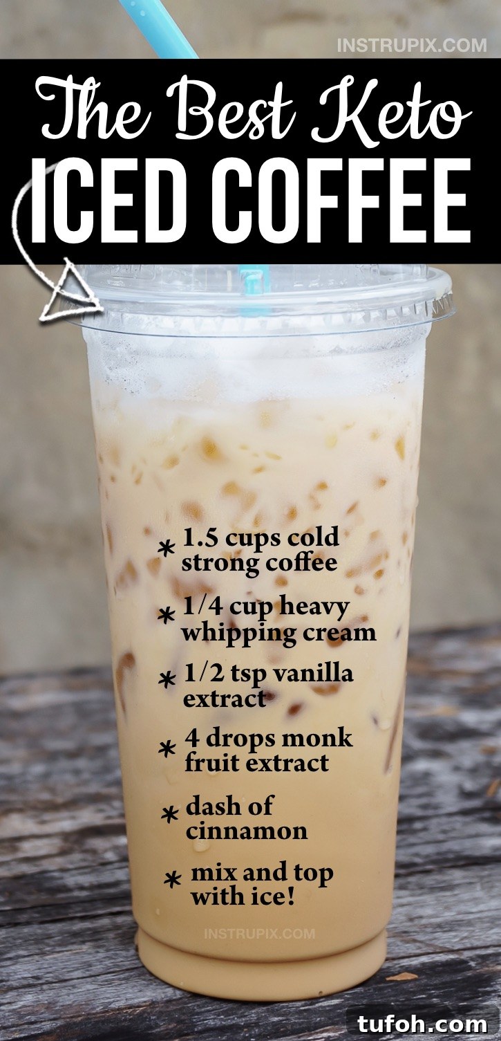 The BEST easy keto iced coffee recipe at home! If you like the Starbucks or dunkin donuts version, you're going to love this easy low carb coffee drink. It's made with simple ingredients: heavy cream, monk fruit extract, vanilla and cinnamon. Make it bulletproof by adding a little mct or coconut oil. The only keto breakfast I need!