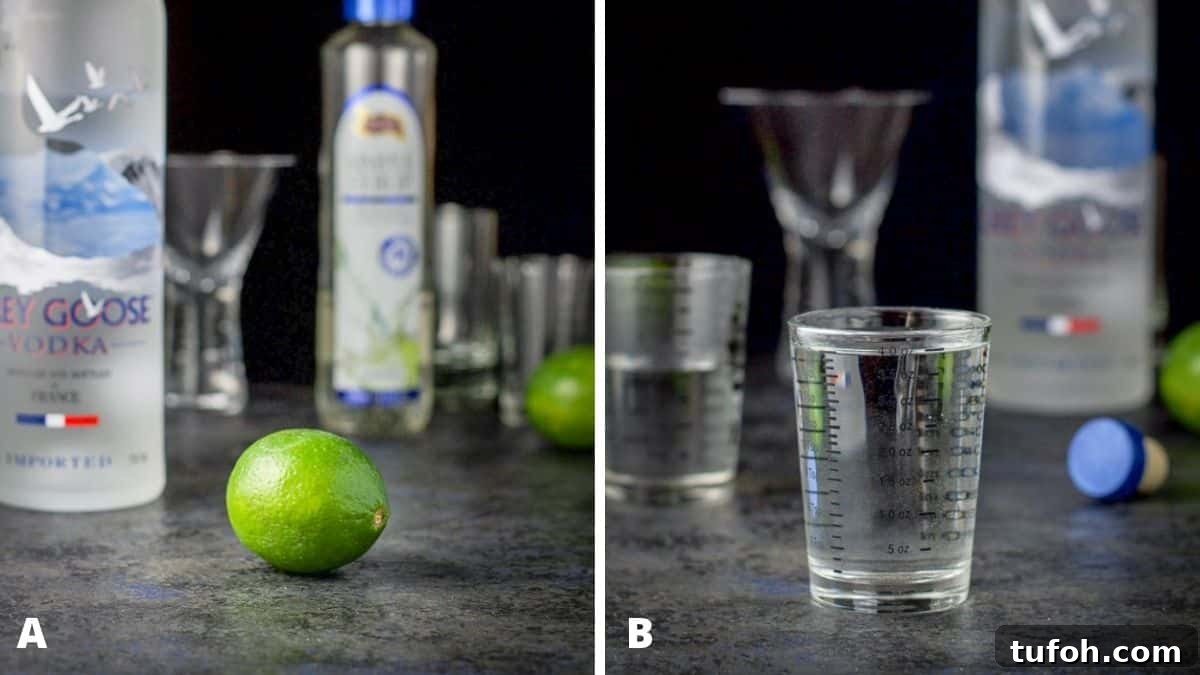Left - limes, vodka and simple syrup on the table. Right - vodka measured out