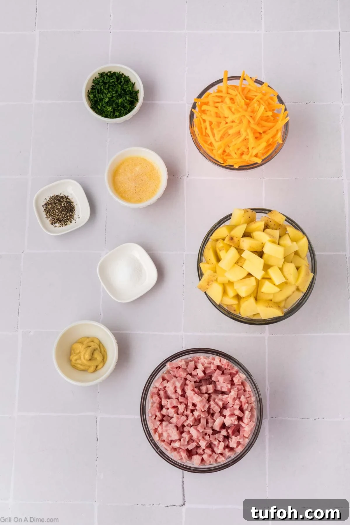 Ingredients - diced ham, potatoes, butter, dijon mustard, salt, pepper, cheddar cheese, chives
