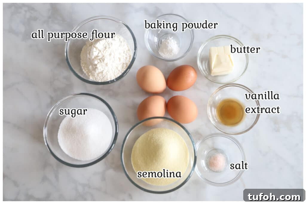 Ingredients for the revani cake on a marble surface.