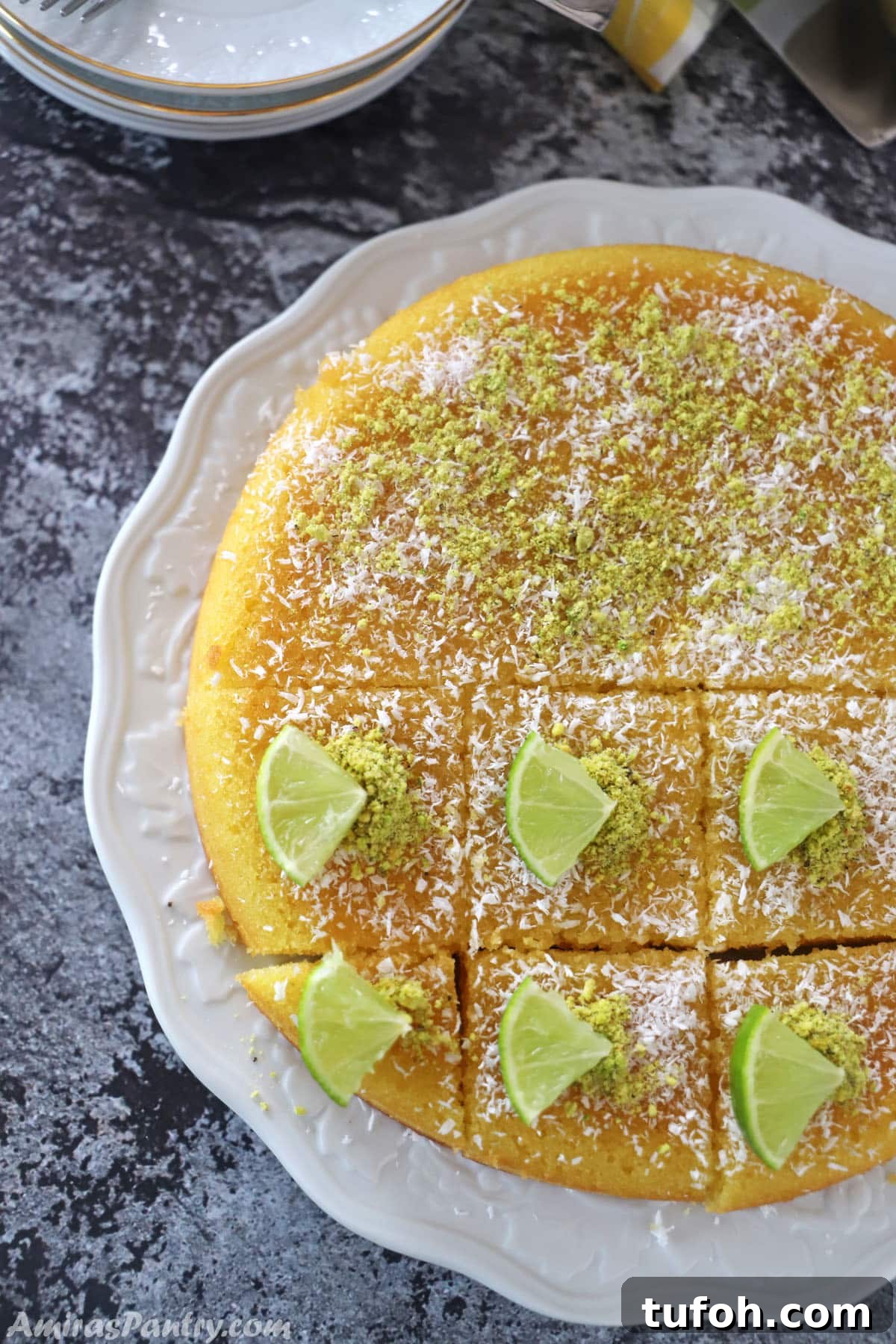 Revani cake placed on a white platter and decorated with lemon pieces, coconut and crushed pistachios