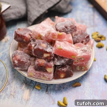 Pink and red Turkish delight squares on a white plate.
