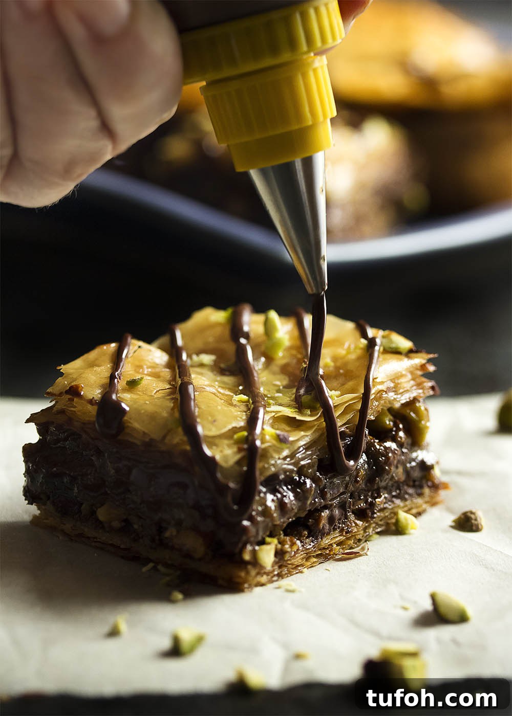 Chocolate pistachio baklava close-up