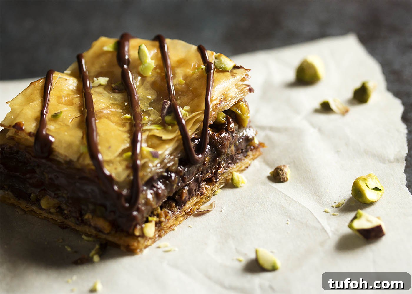 Tray of chocolate pistachio baklava before slicing