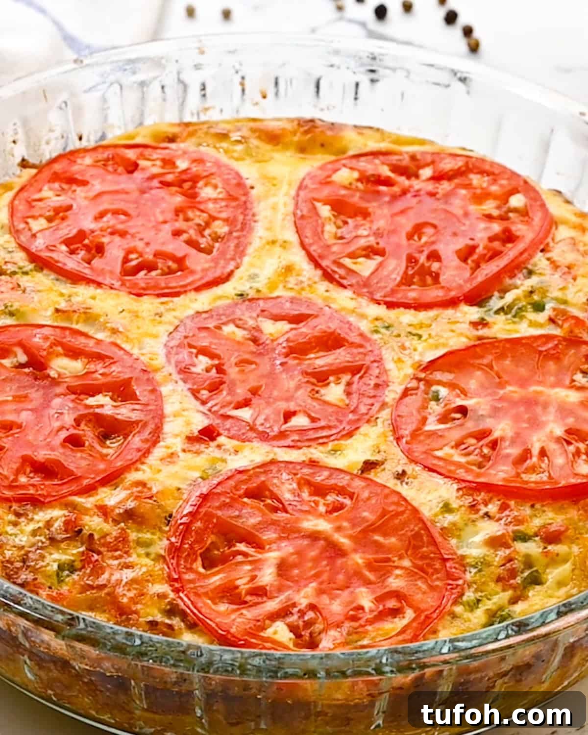 Hash Brown Crust Quiche after baking in a pie dish