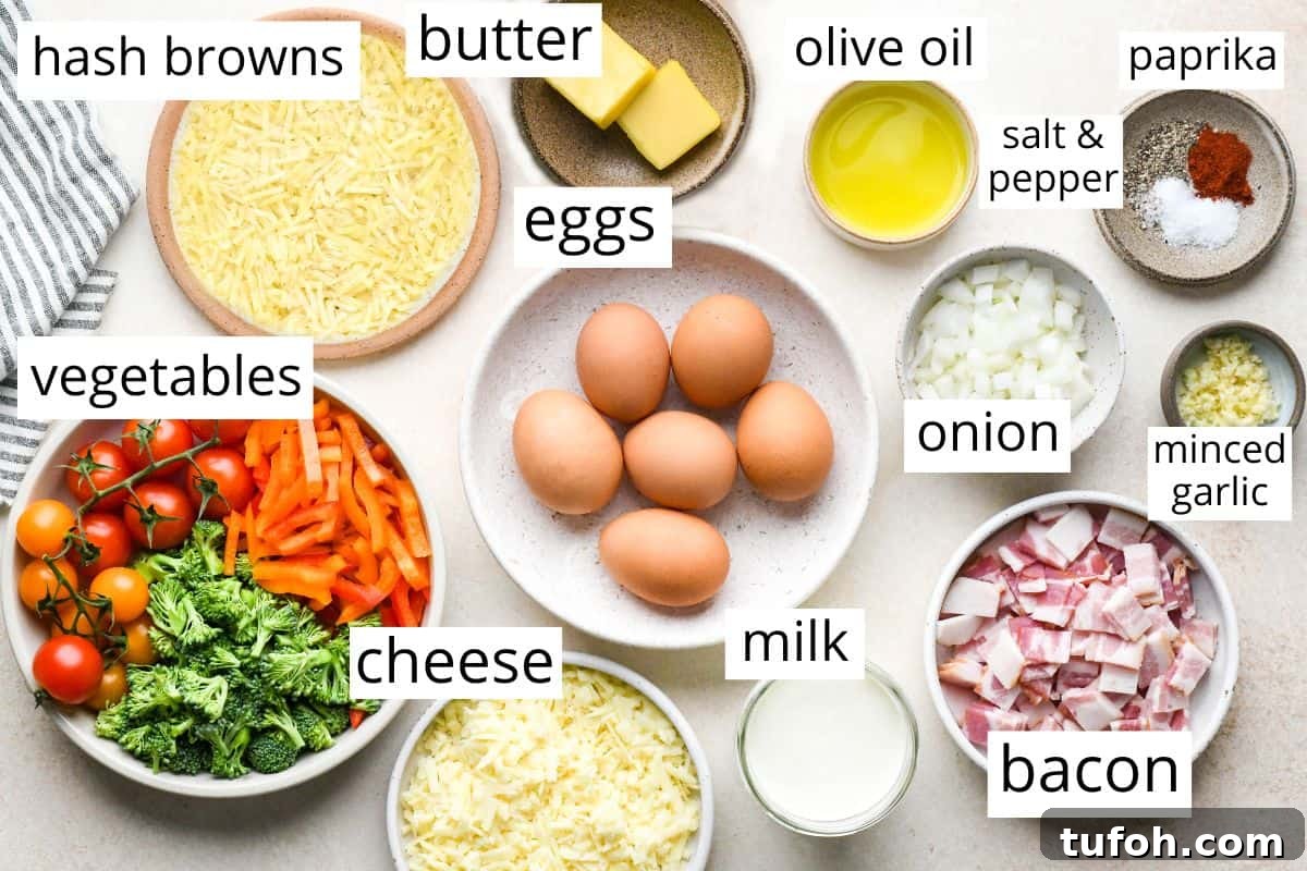 overhead photo of the labeled ingredients in this Hash Brown Crust Quiche recipe