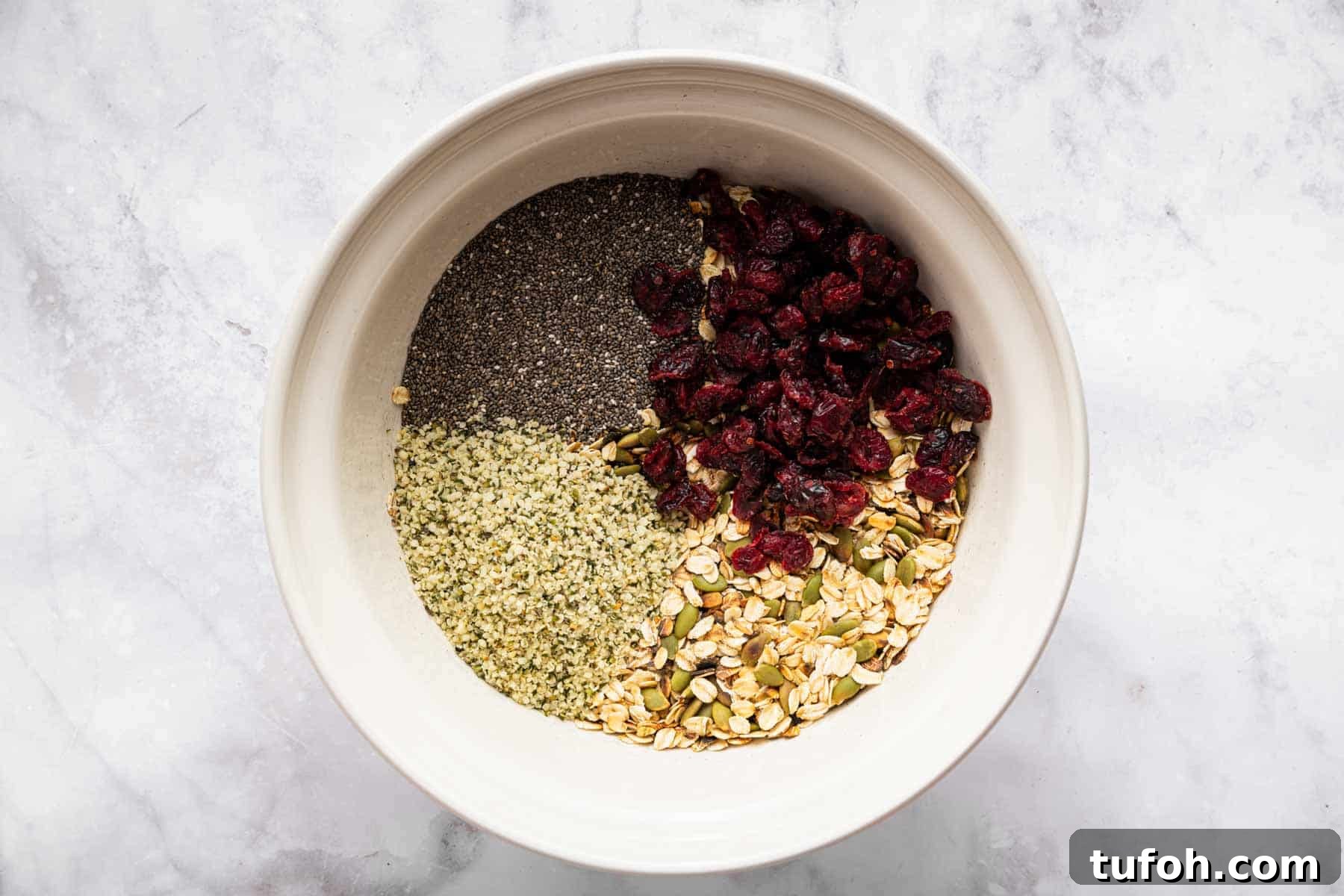 Large mixing bowl with cranberries, chia seeds, and hemp hearts with oats.