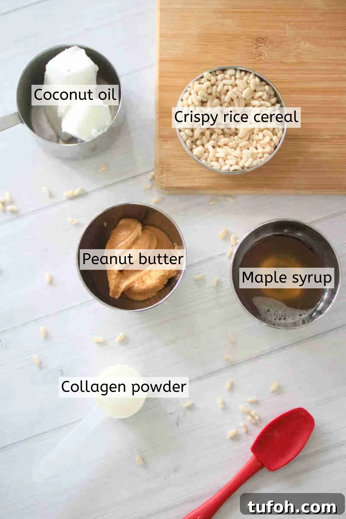 Multiple ingredients like collagen powder, peanut butter, oil, syrup, and crispy rice cereal in bowls with text labels over top.