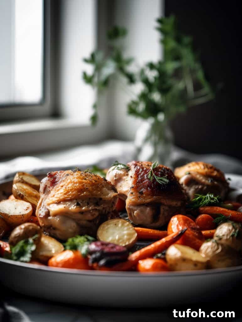 One-pan roasted chicken thighs with potatoes, carrots, and mushrooms