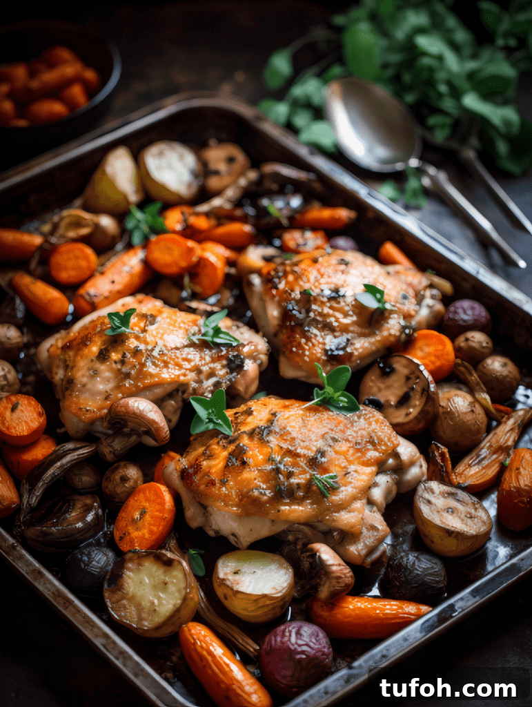Roasted chicken with vegetables on a baking sheet